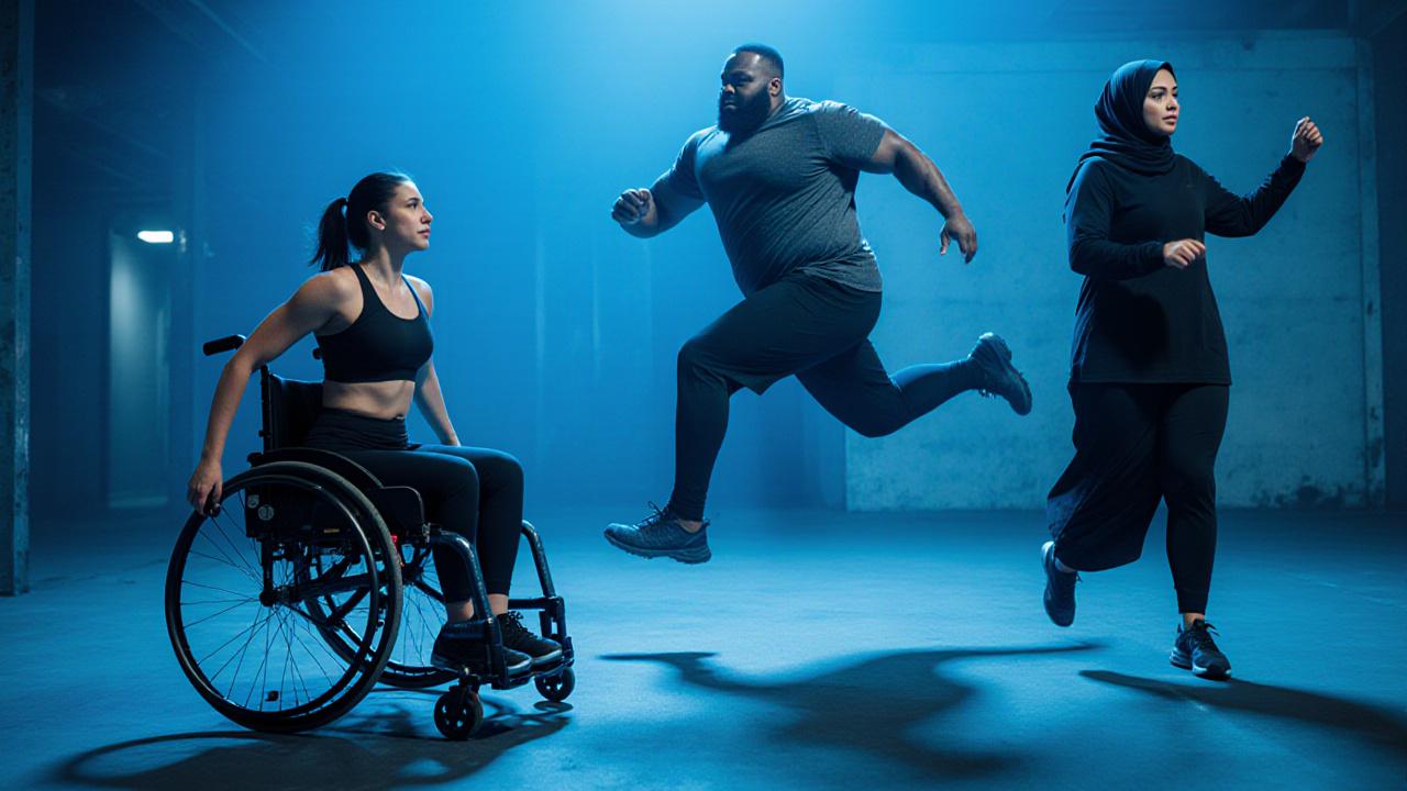 Diverse group of athletes including a wheelchair user and plus-size models in performance gear