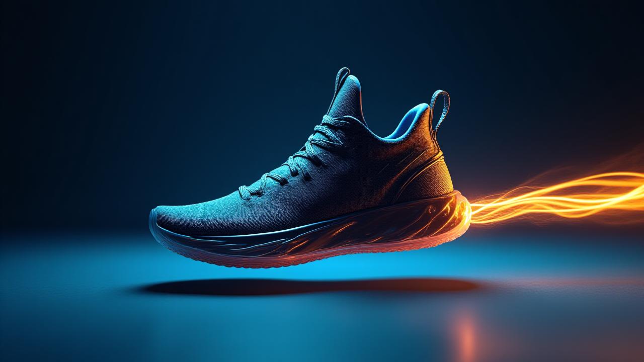 Neon lit high-top performance sneakers on deep blue background